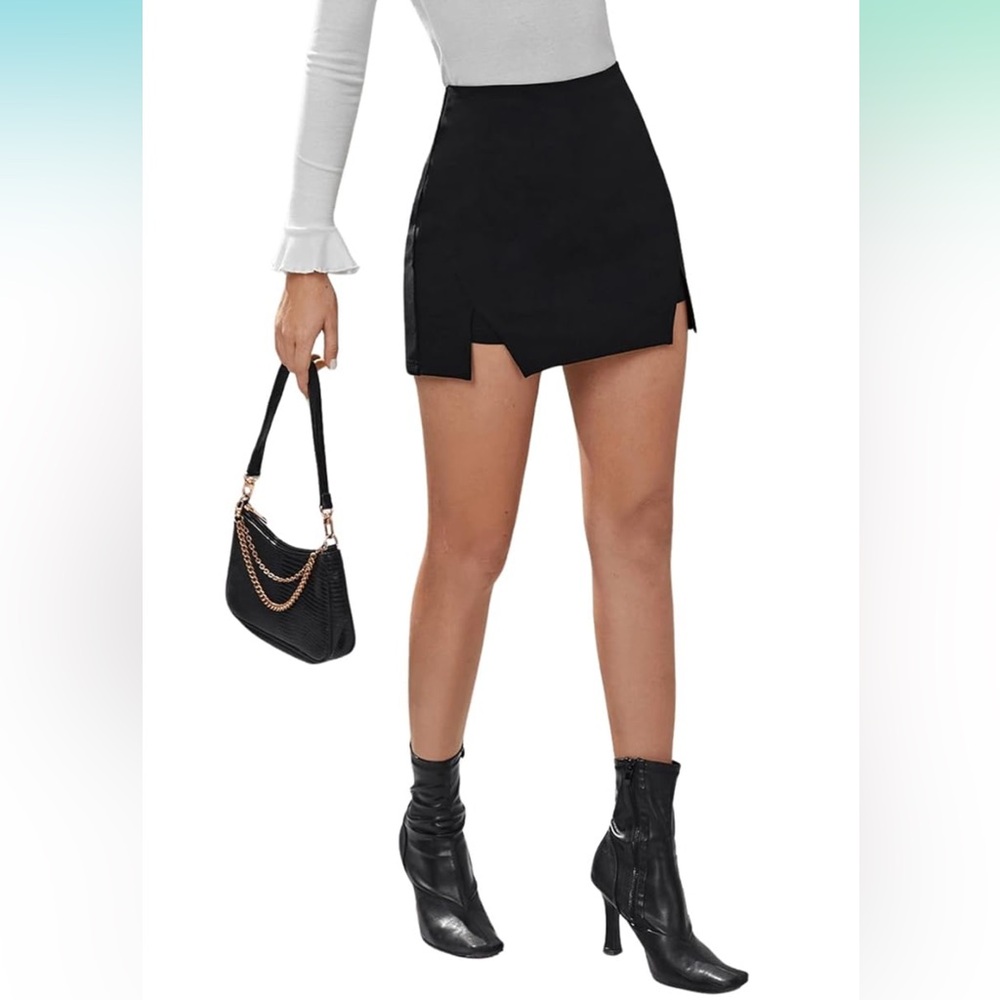 Black Women's High Waist Split-hem Side-slit Skort - Size M